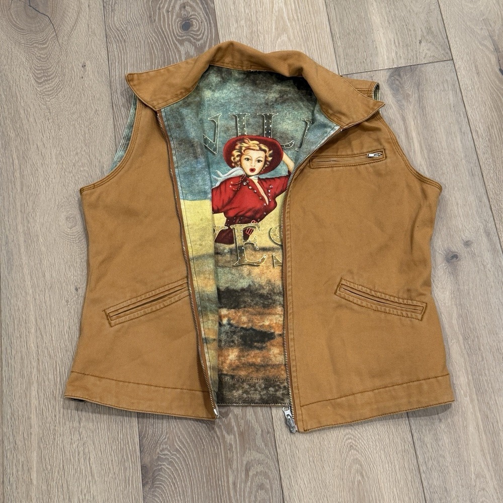 Vintage‎ Ethyl Rhinestone Graphic Lined Canvas Khaki Vest